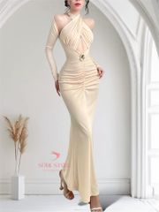 (NT) [KÈM CHARM] ĐẦM THUN BODY CỔ YẾM DÀI TAY KHOÉT HỞ SEXY