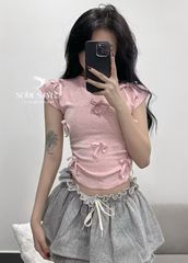 ÁO THUN COTTON CỔ TRÒN ĐÍNH NƠ TAY HẾN CO DÃN ÔM BODY