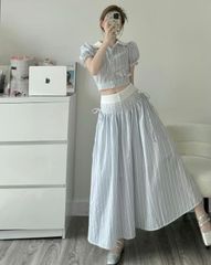 SET SỌC CARO XANH DƯƠNG ÁO SƠ MI KÈM CHÂN VÁY DÀI