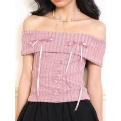 ÁO LEN CROPTOP BẸT VAI ĐÍNH NƠ