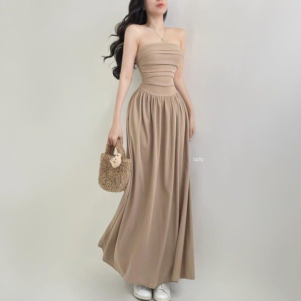 ĐẦM CÚP THUN NHÚN XẾP LY NGỰC DÁNG DÀI