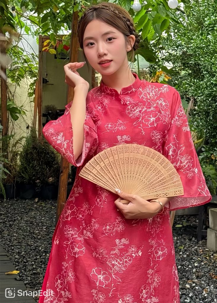 SET ÁO DÀI CÁCH TÂN VOAN TƠ 4 TÀ HỌA TIẾT HOA D.BỤT TAY LOE BUỘC NƠ