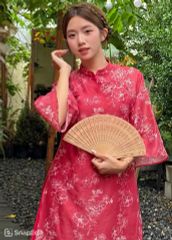 SET ÁO DÀI CÁCH TÂN VOAN TƠ 4 TÀ HỌA TIẾT HOA D.BỤT TAY LOE BUỘC NƠ