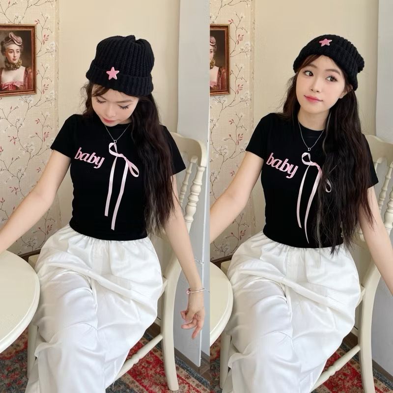 ÁO THUN BABYTEE THÊU CHỮ BABY CỘT NƠ HỒNG