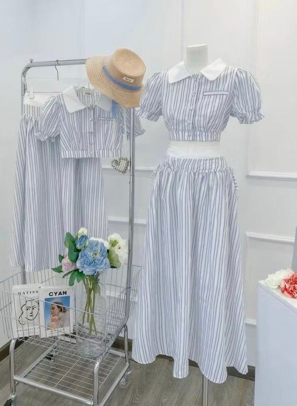 SET SỌC CARO XANH DƯƠNG ÁO SƠ MI KÈM CHÂN VÁY DÀI