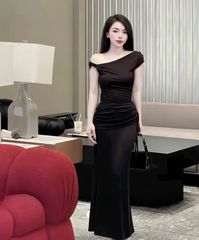 (NT) ĐẦM BODY DÀI XOẮN VAI LỆCH ĐUÔI CÁ NHÚN EO CHE KHUYẾT ĐIỂM