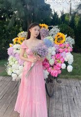 SET ÁO TAY RỚT HOA NỔI ĐAN DÂY NƠ KÈM CHÂN VÁY MAXI 4 TẦNG