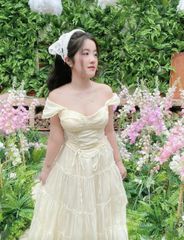 SET ÁO TAY RỚT HOA NỔI ĐAN DÂY NƠ KÈM CHÂN VÁY MAXI 4 TẦNG