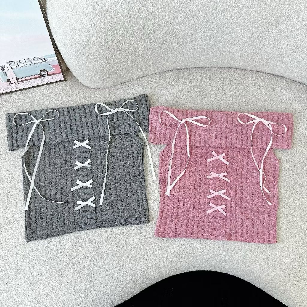 ÁO LEN CROPTOP BẸT VAI ĐÍNH NƠ