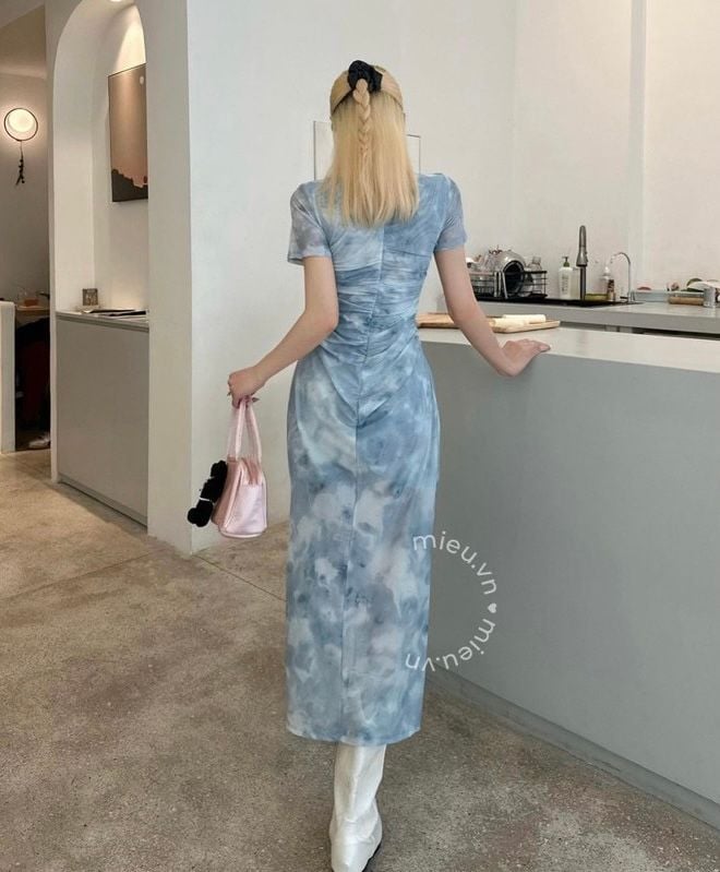 ĐẦM MIDI BODY LƯỚI LOANG MÀU XANH