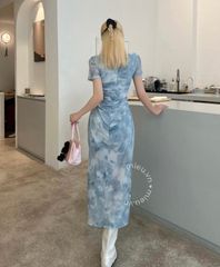 ĐẦM MIDI BODY LƯỚI LOANG MÀU XANH