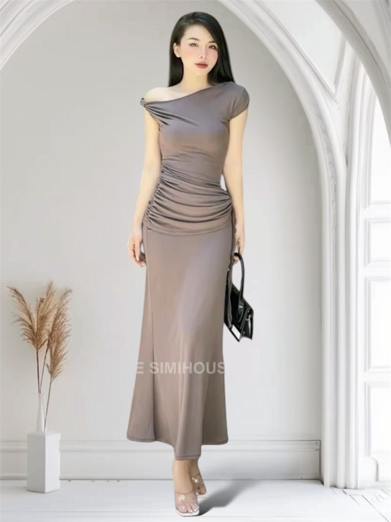 (NT) ĐẦM BODY DÀI XOẮN VAI LỆCH ĐUÔI CÁ NHÚN EO CHE KHUYẾT ĐIỂM