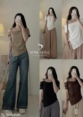 ÁO THUN KIỂU VẠT NHỌN RÚT EO LỆCH VAI CÓ DÂY