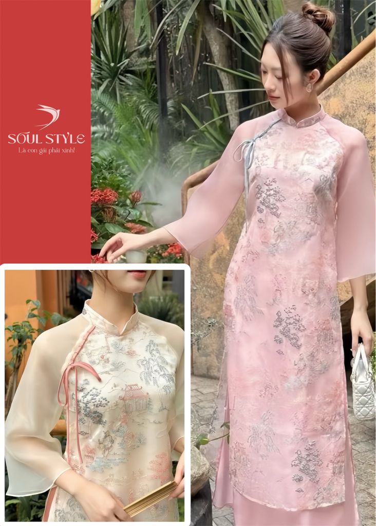 SET ÁO DÀI CÁCH TÂN VOAN TƠ THÊU CUNG ĐÌNH
