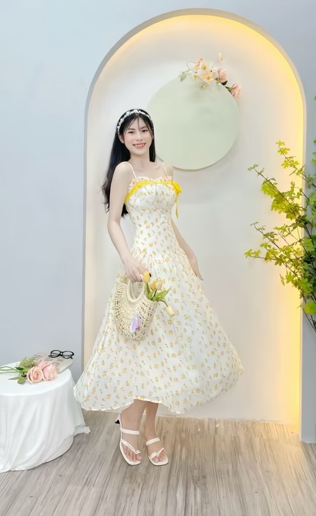 ĐẦM MAXI HOA NHÍ DÁNG XOÈ DÀI PHỐI NÈO NƠ NGỰC