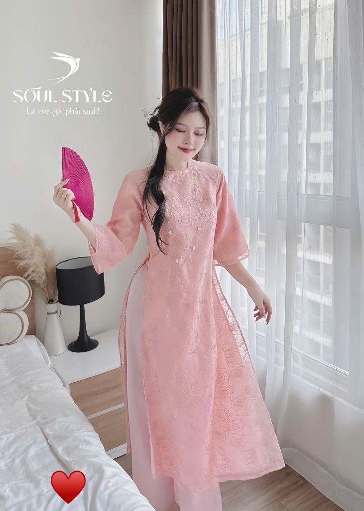 SET ÁO DÀI THÊU HOA HỒNG CHÌM