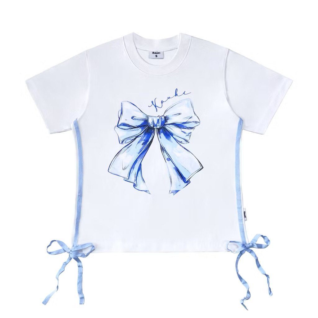 ÁO THUN BABY TEE IN NƠ PHỐI NƠ HAI BÊN EO