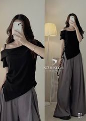 ÁO THUN KIỂU VẠT NHỌN RÚT EO LỆCH VAI CÓ DÂY