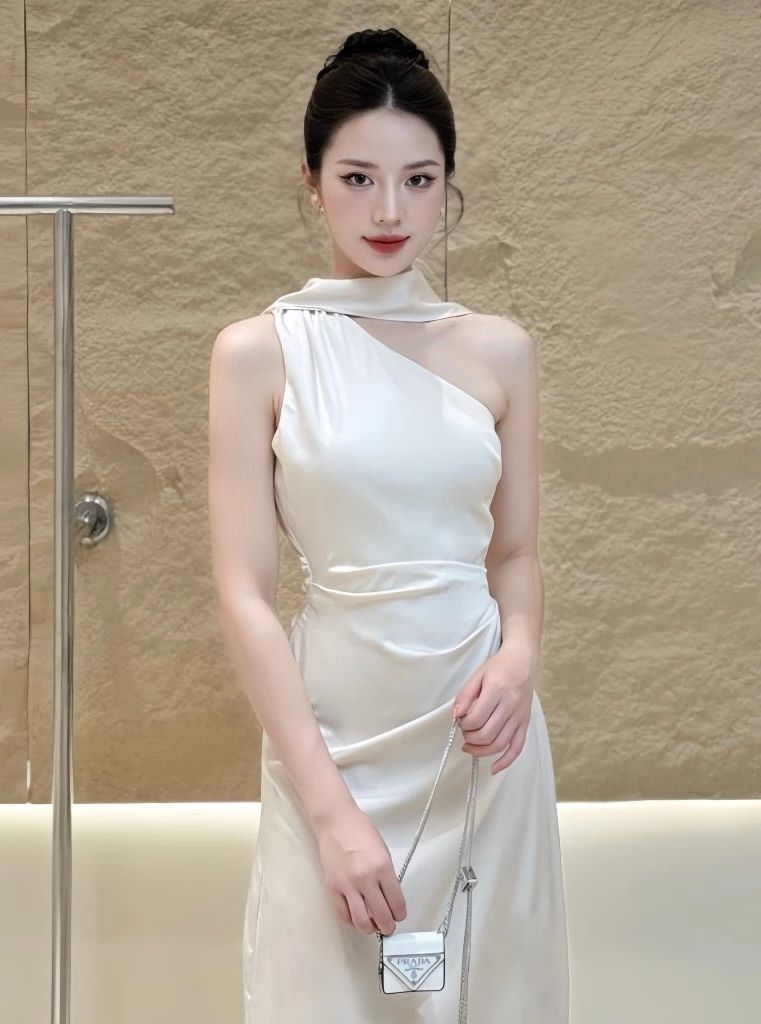 (NT) ĐẦM LỤA SATIN LỆCH VAI KÈM DÂY CỔ NHÚN EO