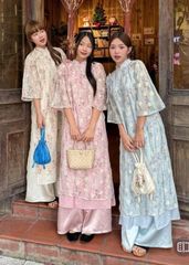 SET ÁO DÀI CÁCH TÂN VOAN TƠ BẠCH VŨ IN HOA PHỐI NƠ ĐÔI QUẦN SATIN BÓNG