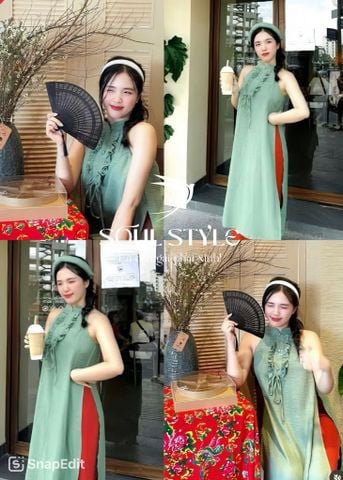 SET ÁO DÀI CỔ YẾM CÁCH TÂN CHẤT ĐŨI PHỐI BÈO NGỰC
