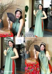 SET ÁO DÀI CỔ YẾM CÁCH TÂN CHẤT ĐŨI PHỐI BÈO NGỰC