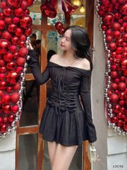 ĐẦM THUN XỐP TRỄ VAI NHÚN EO CỘT CỔ