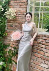 (NT) ĐẦM LỤA SATIN LỆCH VAI KÈM DÂY CỔ NHÚN EO