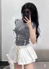 ÁO THUN COTTON CỔ TRÒN ĐÍNH NƠ TAY HẾN CO DÃN ÔM BODY