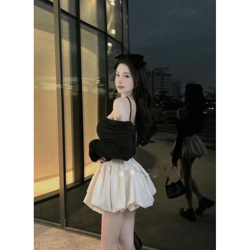 SET ÁO THUN BẸT VAI CỘT DÂY LỆCH KÈM QUẦN BÍ