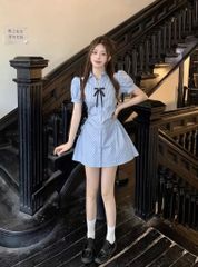 SET VÁY SƠ MI KẺ SỌC NƠ ĐEN KÈM QUẦN BẢO HỘ