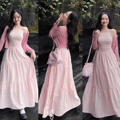 ĐẦM CỔ YẾM MAXI SỌC BO CHUN KÈM ÁO KHOÁC