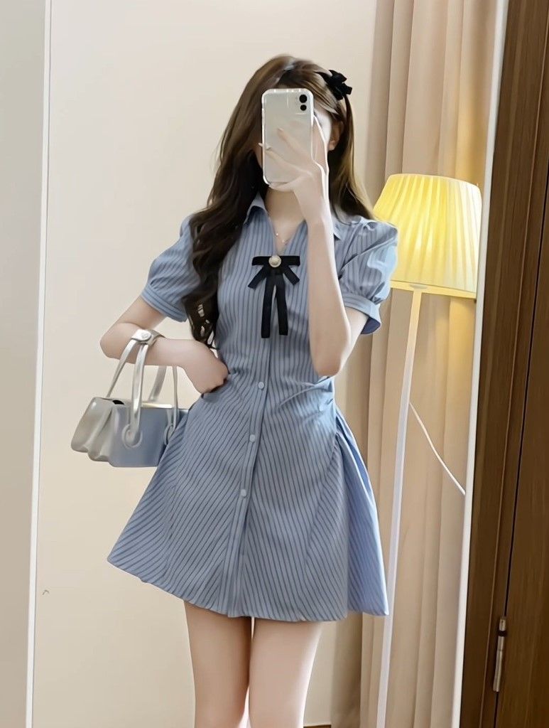 SET VÁY SƠ MI KẺ SỌC NƠ ĐEN KÈM QUẦN BẢO HỘ