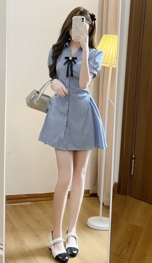 SET VÁY SƠ MI KẺ SỌC NƠ ĐEN KÈM QUẦN BẢO HỘ