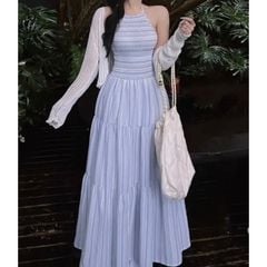 ĐẦM CỔ YẾM MAXI SỌC BO CHUN KÈM ÁO KHOÁC