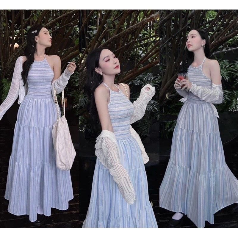 ĐẦM CỔ YẾM MAXI SỌC BO CHUN KÈM ÁO KHOÁC
