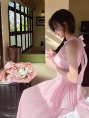 SET VOAN TƠ HỒNG ÁO CỔ YẾM BO CHUN EO KÈM CHÂN VÁY DÀI