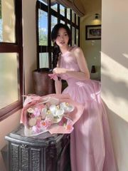 SET VOAN TƠ HỒNG ÁO CỔ YẾM BO CHUN EO KÈM CHÂN VÁY DÀI