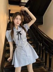 SET VÁY SƠ MI KẺ SỌC NƠ ĐEN KÈM QUẦN BẢO HỘ