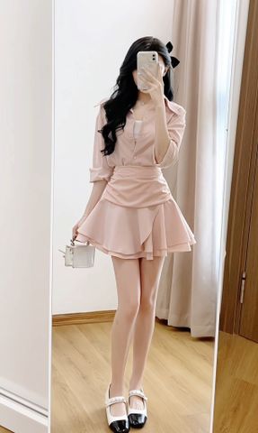 SET ÁO SƠ MI TAY DÀI KÈM CHÂN BÁY TẦNG NHÚN EO MÀU PASTEL