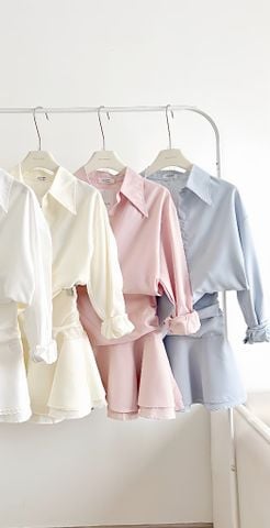 SET ÁO SƠ MI TAY DÀI KÈM CHÂN BÁY TẦNG NHÚN EO MÀU PASTEL