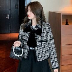 ÁO KHOÁC DẠ TWEED PHỐI NHUNG KÈM NƠ CỔ