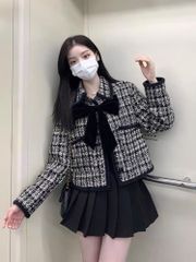 ÁO KHOÁC DẠ TWEED PHỐI NHUNG KÈM NƠ CỔ