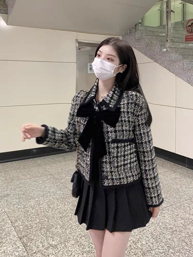 ÁO KHOÁC DẠ TWEED PHỐI NHUNG KÈM NƠ CỔ