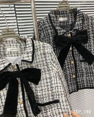 ÁO KHOÁC DẠ TWEED PHỐI NHUNG KÈM NƠ CỔ
