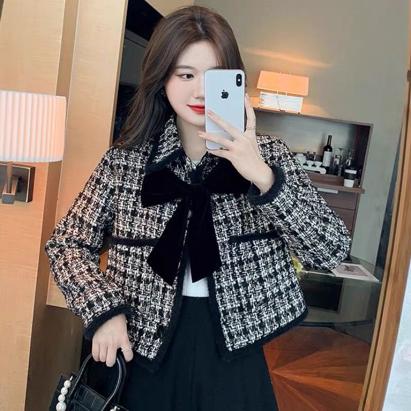 ÁO KHOÁC DẠ TWEED PHỐI NHUNG KÈM NƠ CỔ