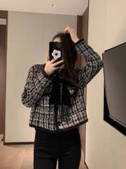ÁO KHOÁC DẠ TWEED PHỐI NHUNG KÈM NƠ CỔ