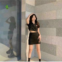 SET THUN POLO THÊU NƠ ÁO CROPTOP CHÂN VÁY