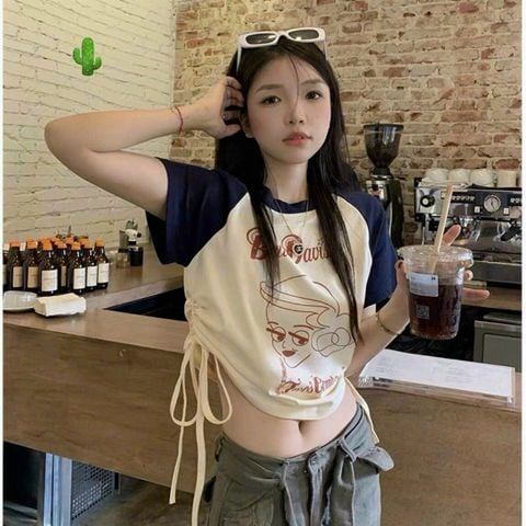 ÁO THUN CROPTOP PHỐI RÚT DÂY IN HÌNH