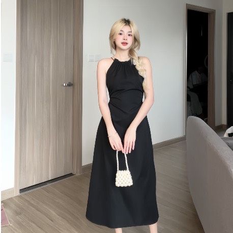 ĐẦM CỔ YẾM MINA DRESS DÁNG DÀI KHOÉT LƯNG CỘT DÂY